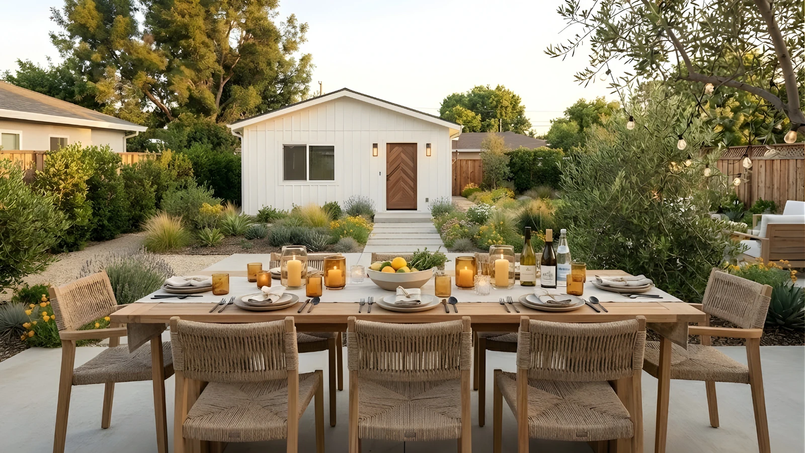 The Wilshire — 400 sqft studio cottage ADU with warm horizontal siding and traditional gable roof at golden hour